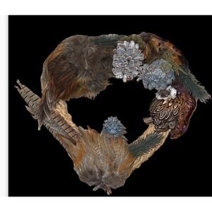 Ring Neck Pheasant Feathers Tails Pelt Down Heart Wreath Taxidermy 15" Pine Cone